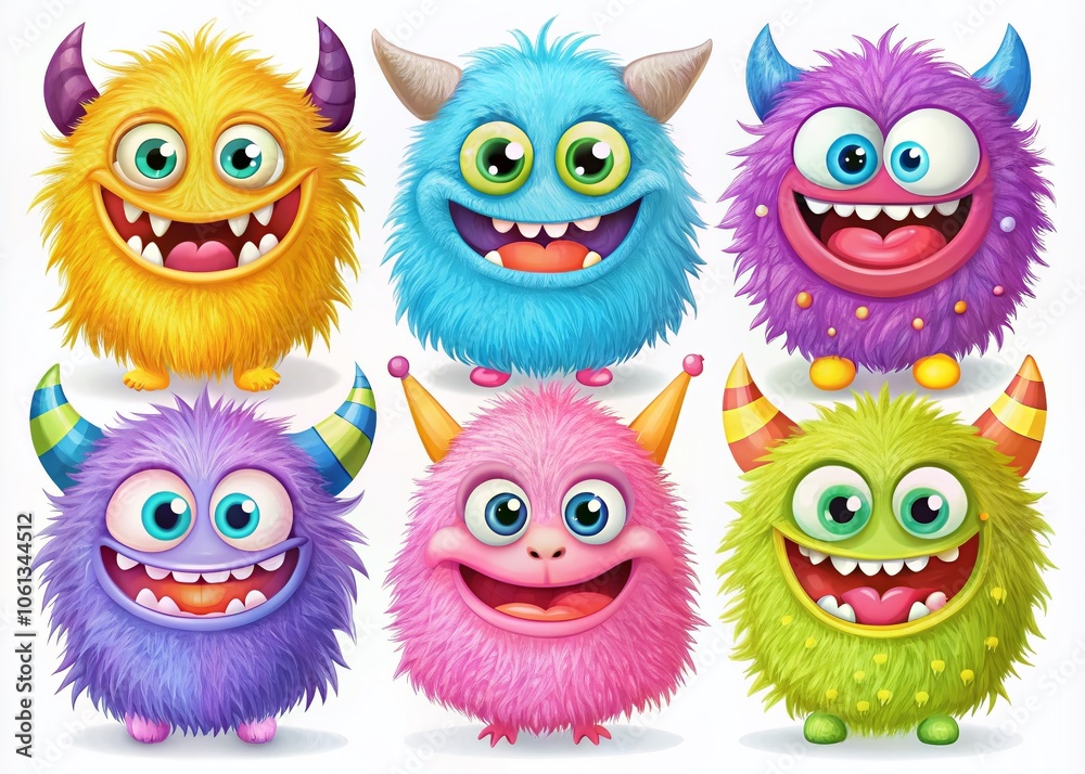Fototapeta premium Adorable Cartoon Monsters for Kids' Halloween Designs - Cute Fluffy Creatures for Prints, Posters, and Cards