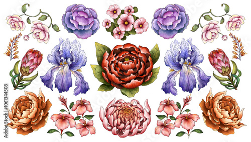 Flower Collection Illustration with Transparent Background. Colorful Spring Floral Set.