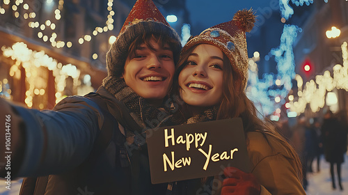 A couple is holding a sign that says Happy New Year