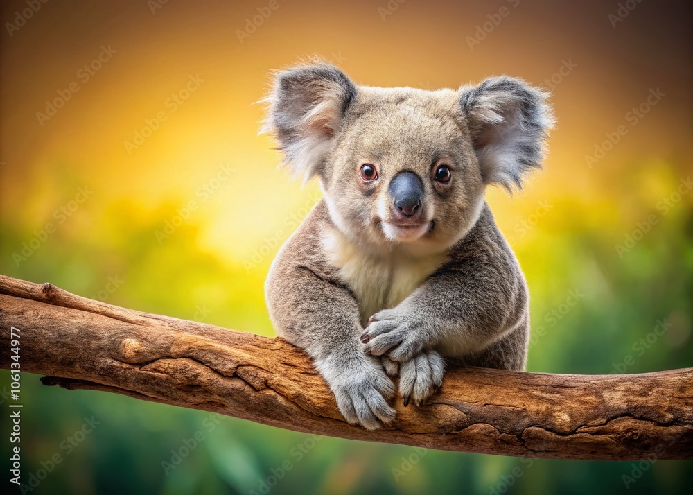 Obraz premium Adorable Koala Bear on a Branch in Studio Setting with Copy Space for Creative Use, Perfect for Nature Lovers, Wildlife Photography, and Animal Conservation Themes