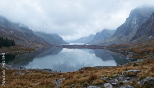 Mountain lake, tranquil atmosphere,reflecting clouds and mountains in calm waters during day