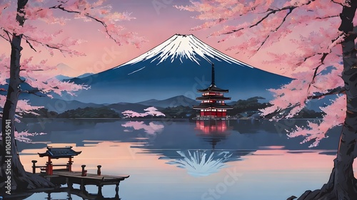 Mt. Fuji with Cherry Blossoms and Serene Lake , Ukiyoe style photo