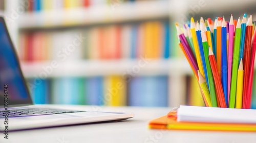 Colorful School Supplies and Laptop on Desk in Classroom