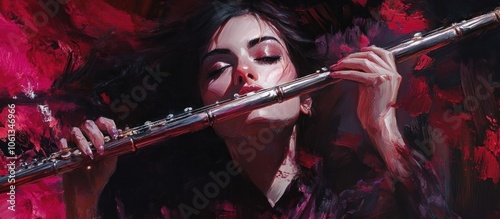 A young woman with long dark hair plays a flute with her eyes closed, surrounded by red and black paint strokes. photo