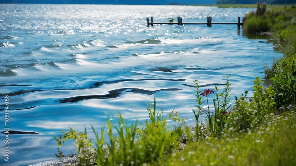 Tranquil Lake Ripples with Lush Shoreline. A calm lake with gentle ripples, reflecting the sky. Lush green vegetation grows along the shoreline, blurring into the water. Tranquil Lake Ripples with Lush Shoreline. A calm lake with gentle ripples, reflecting the sky. Lush green vegetation grows along the shoreline, blurring into the water.