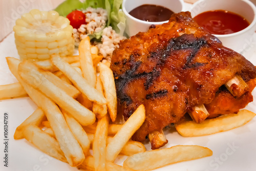 Tasty grilled pork ribs steak serving with delicious french fries , corn, tomato, salad and two difference sauce on white plate