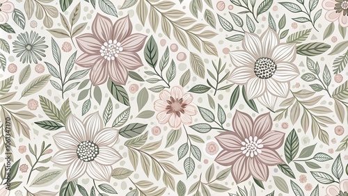 A Serene Canvas of Delicate Flowers and Lush Foliage, Intertwined in a Timeless Floral Pattern