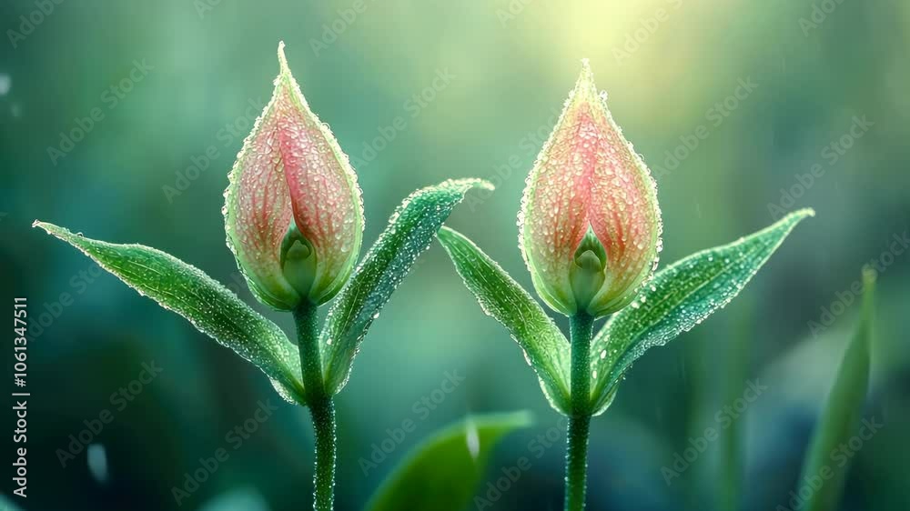 Two delicate pink flower buds covered in dew, with a soft green background. Two delicate pink flower buds covered in dew, with a soft green background.