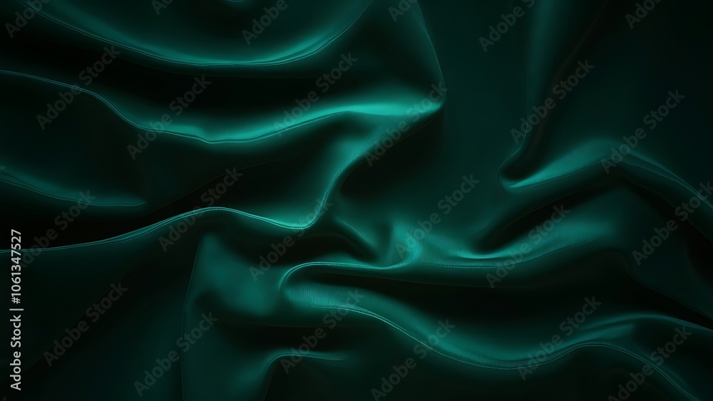 Obraz premium Emerald Green Silk Fabric Draped Softly. A closeup view of a luxuriously draped emerald green silk fabric, showcasing its smooth texture and flowing folds.