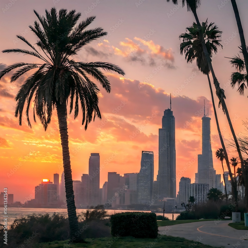 Fototapeta premium Stunning city skyline with palm trees silhouetted against a colorful sunset sky, capturing urban charm and tropical vibes.