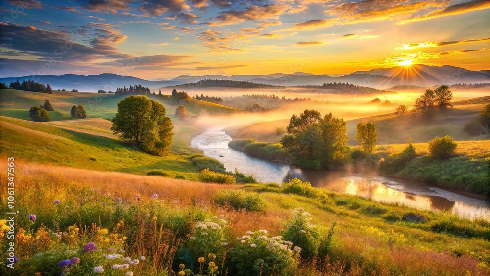 Serene Morning Mist Over A Winding River In A Valley Surrounded By Lush Green Hills, Bathed In The Golden Light Of Sunrise Serene Morning Mist Over A Winding River In A Valley Surrounded By Lush Green Hills, Bathed In The Golden Light Of Sunrise