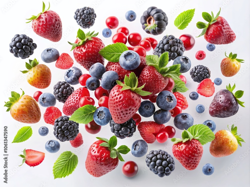 Aerial View of Fresh Mixed Berries Cascading onto a Clean White Surface – Vibrant Colors and Natural Freshness Captured in Stunning Detail Aerial View of Fresh Mixed Berries Cascading onto a Clean White Surface – Vibrant Colors and Natural Freshness Captured in Stunning Detail