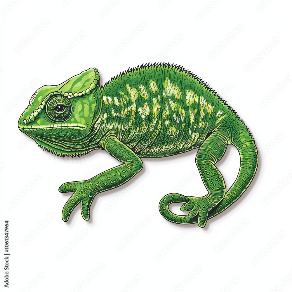 Fototapeta premium A vibrant green chameleon on a white isolated background, showcasing its distinct colors and patterns.