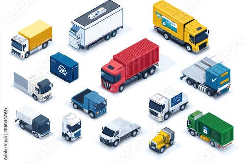 A variety of colorful trucks and delivery vehicles on a white background.