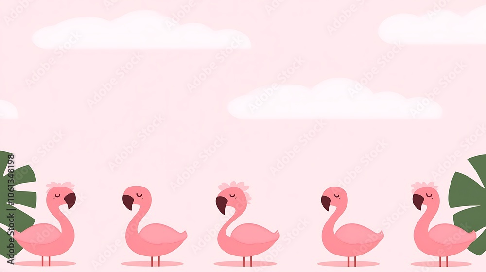 Five Pink Flamingos with White Clouds on a Pink Background Five Pink Flamingos with White Clouds on a Pink Background