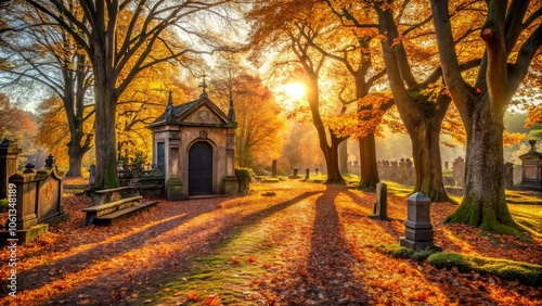 A Golden Pathway Through the Cemetery's Embrace, Where Sunlight Dances Among Tombstones and Fallen Leaves