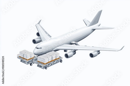 Cargo airplane loading boxes on a transport trolley, white isolate background.