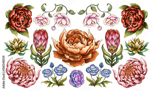 Flower Collection Illustration with Transparent Background. Colorful Spring Floral Set.