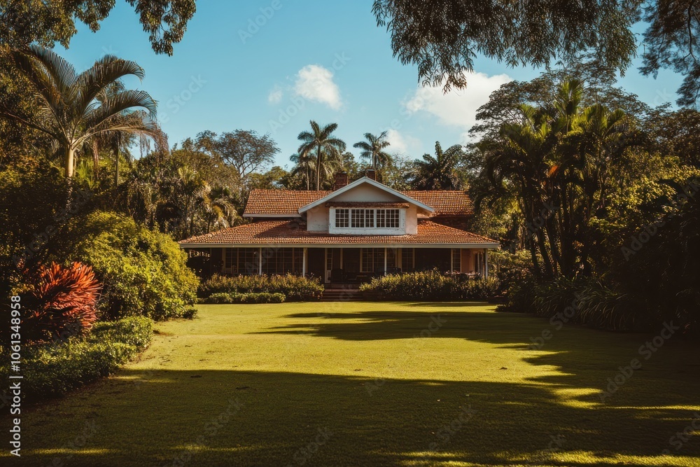 A serene house surrounded by lush greenery and palm trees under a clear blue sky. A serene house surrounded by lush greenery and palm trees under a clear blue sky.