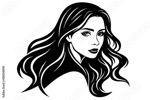 Silhouette of beautiful girl in profile with long hair,Silhouette of a womans head with curly hair vector illustration,Vector illustration of a black and white silhouette of a girl's face.