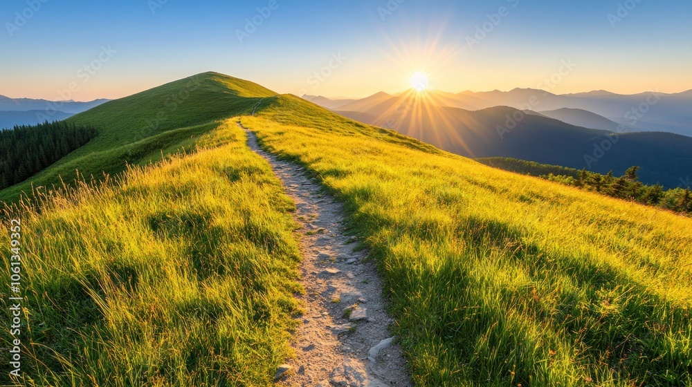 Fototapeta premium A serene sunrise over a grassy hillside path leading into distant mountains.