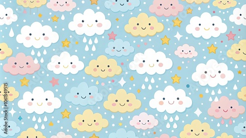 A whimsical pattern of smiling clouds raining cheerful droplets and sparkling stars on a light blue background.