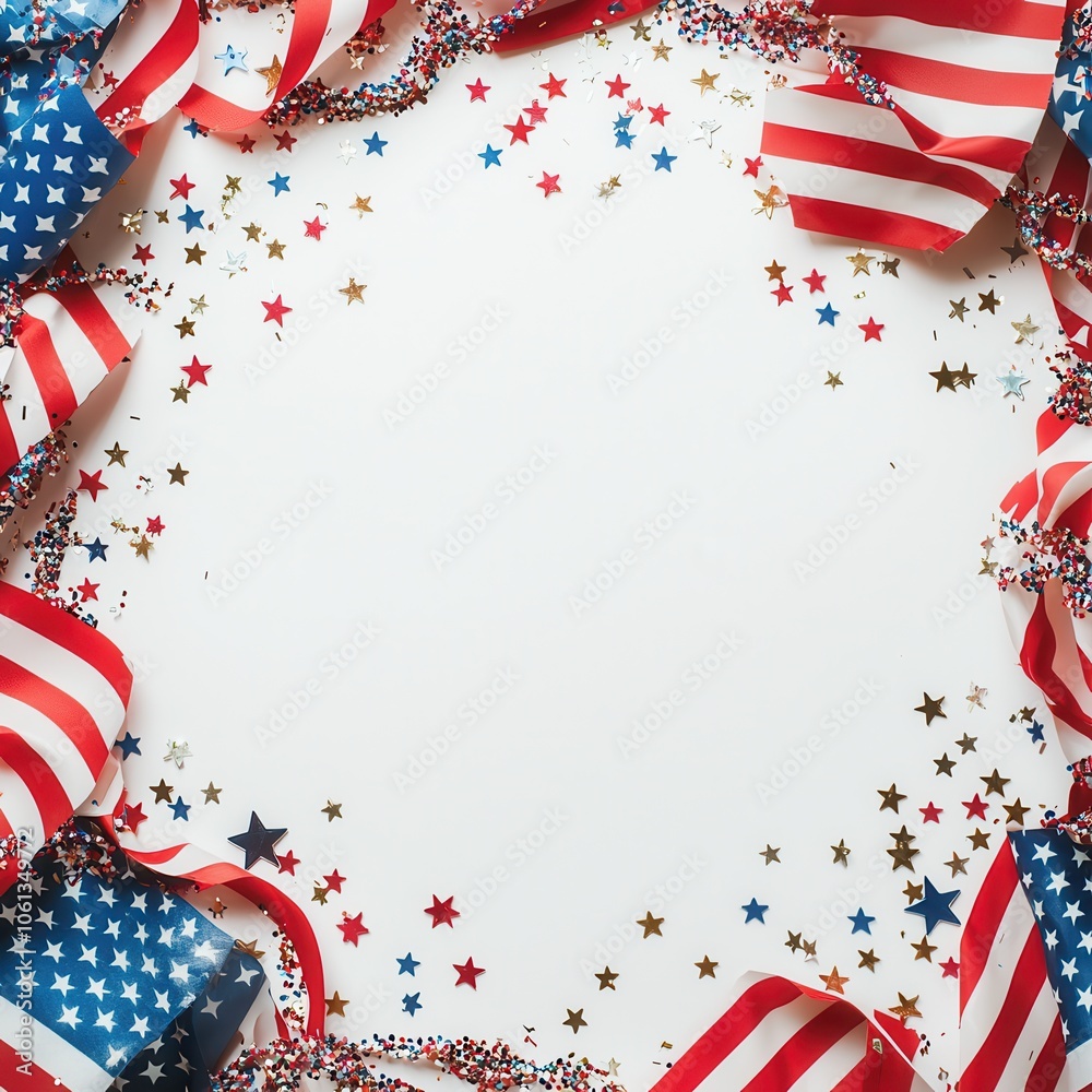 Obraz premium A festive, patriotic frame featuring red, white, and blue ribbons, stars, and confetti, perfect for celebrations like Independence Day.