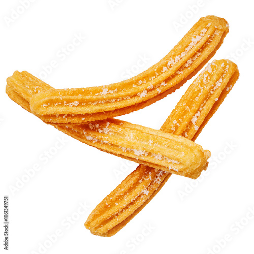 Churros isolated on white. Flying Fried churros with sugar cristals in the air. Levitating Traditional Spanish dessert. Collection photo