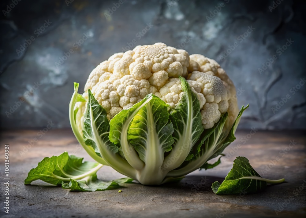 Obraz premium Architectural Photography of Raw Cauliflower Halved on a Textured Surface with Natural Lighting, Showcasing Organic Shapes and Patterns for Culinary Inspiration and Healthy Eating