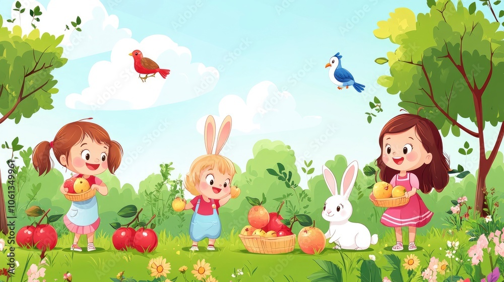 Naklejka premium Cartoon illustration of three children and a bunny rabbit picking apples in an orchard.