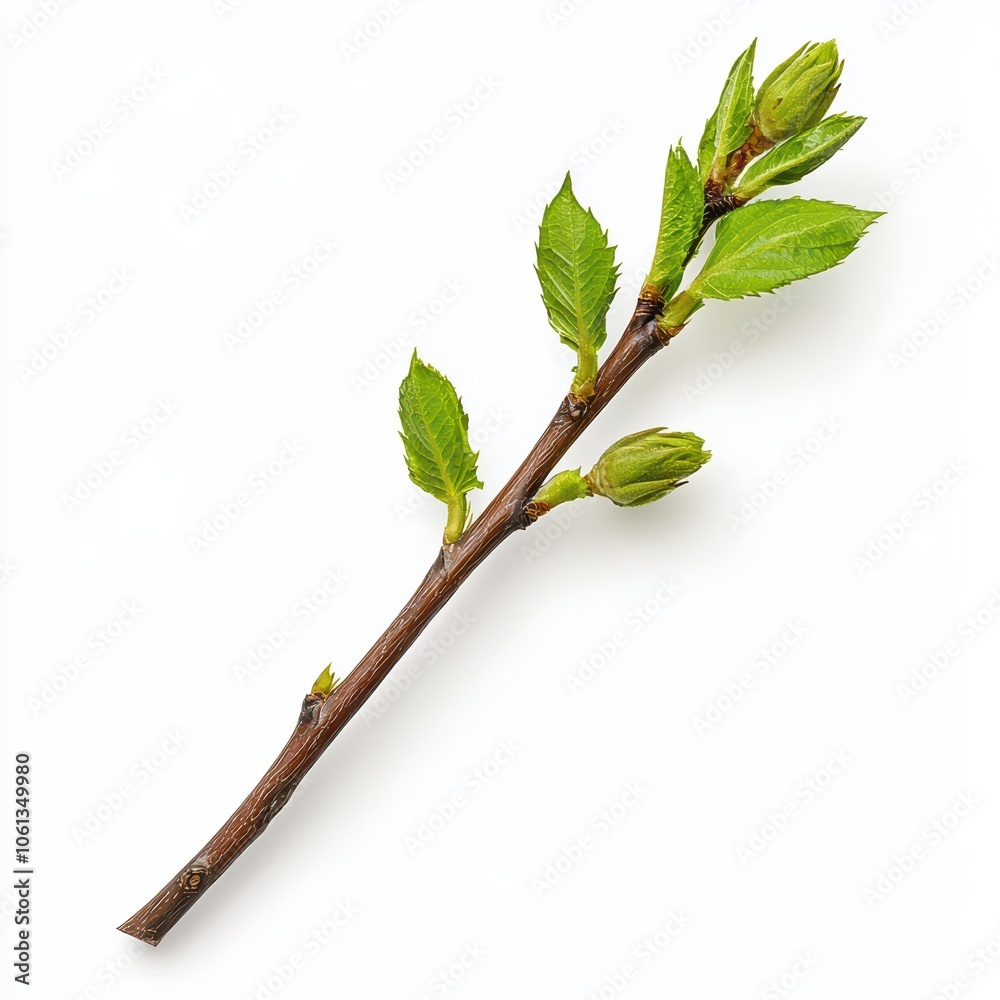 Fototapeta premium Fresh green twig with budding leaves on a white isolated background.