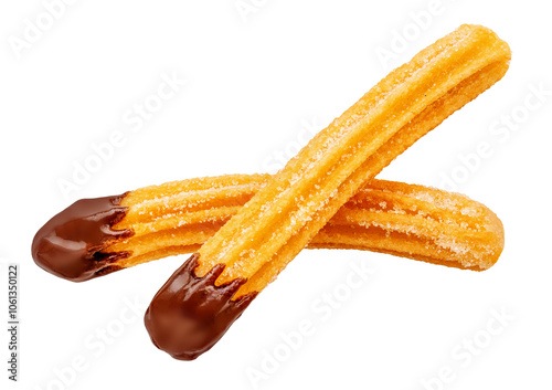 Churros isolated on white. Flying Fried churros with sugar cristals and melting chocolate  in the air. Levitating Traditional Spanish dessert. Top view. Flat lay