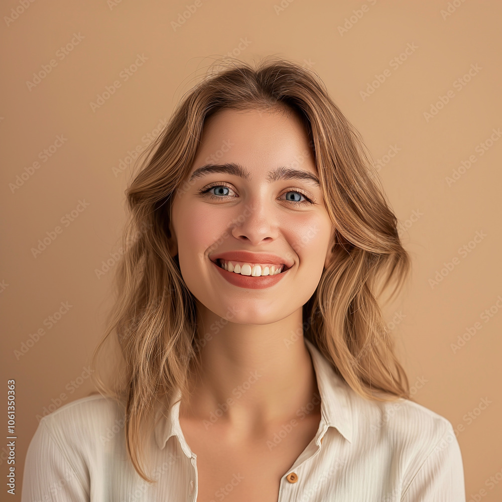 headshot portrait woman on beige background casual business conference video concept 