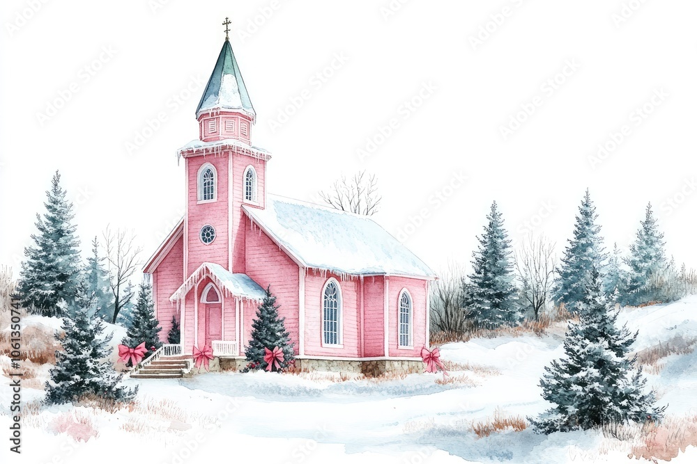 Pink church covered in snow with christmas trees decorated with pink bows in a winter forest Pink church covered in snow with christmas trees decorated with pink bows in a winter forest