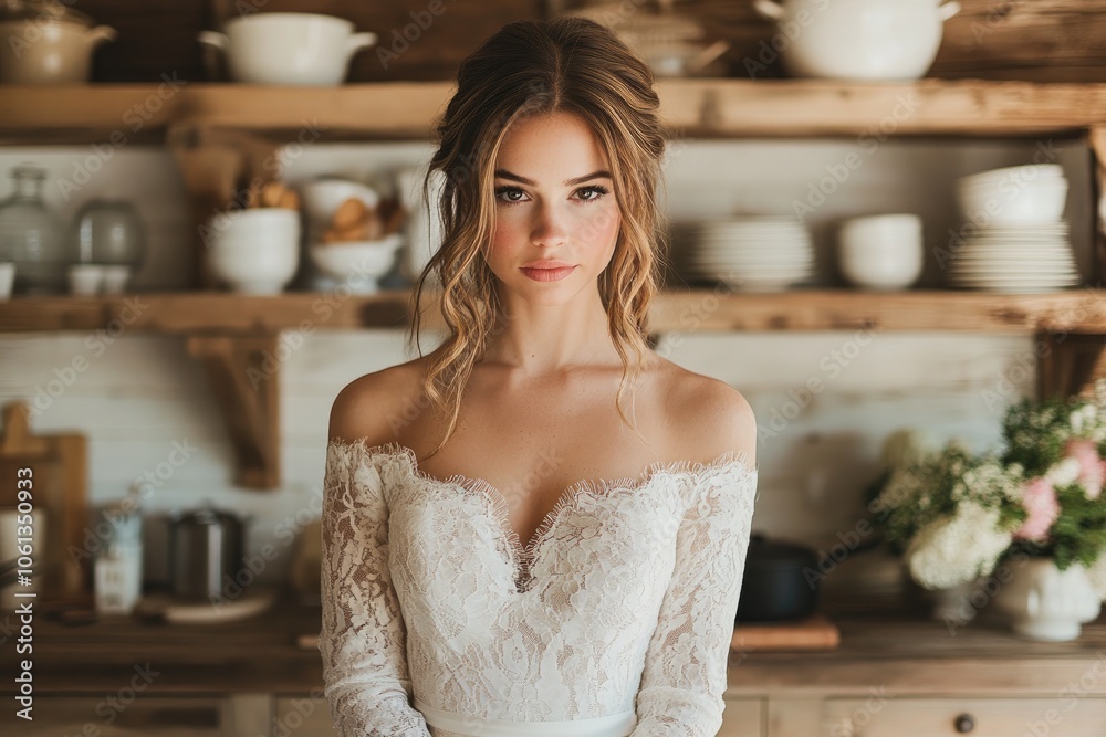 Naklejka premium Beautiful bride wearing white lace wedding dress posing in rustic kitchen