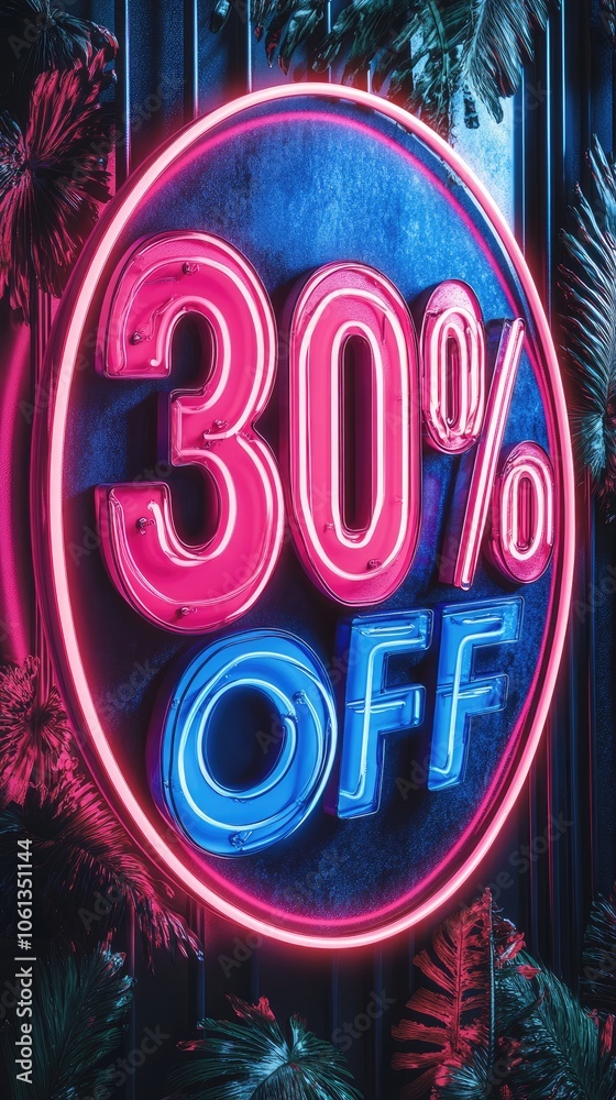 Vibrant neon sign showing discount with tropical plants Vibrant neon sign showing discount with tropical plants