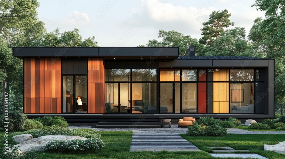 Modern house exterior with garden and forest in background during sunset