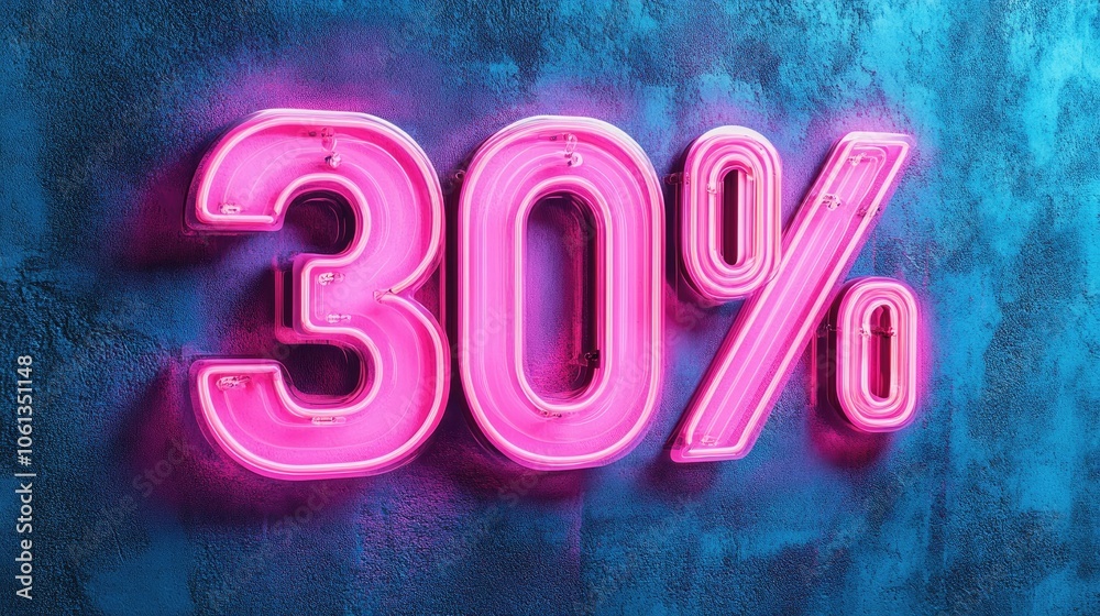 Vibrant pink neon sign displaying discount at night Vibrant pink neon sign displaying discount at night