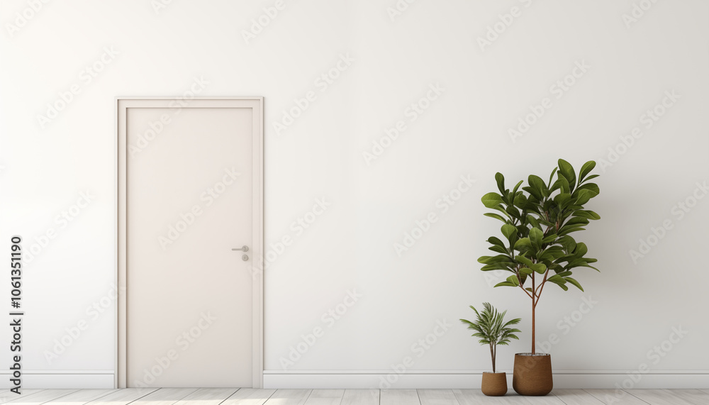 White Wall with Door and Plants in Pots White Wall with Door and Plants in Pots