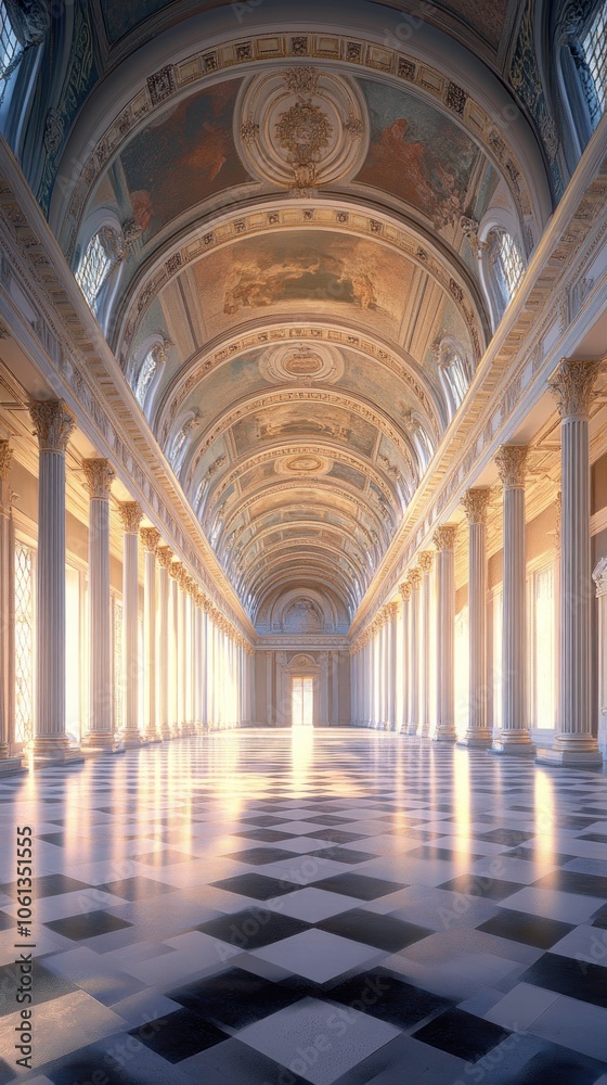 A grand, illuminated corridor with intricate ceilings and marble columns. A grand, illuminated corridor with intricate ceilings and marble columns.