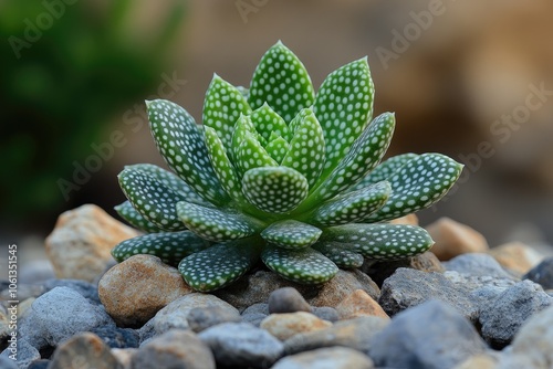 Adromischus maculatus growing on pebbles: close-up of a striking succulent photo