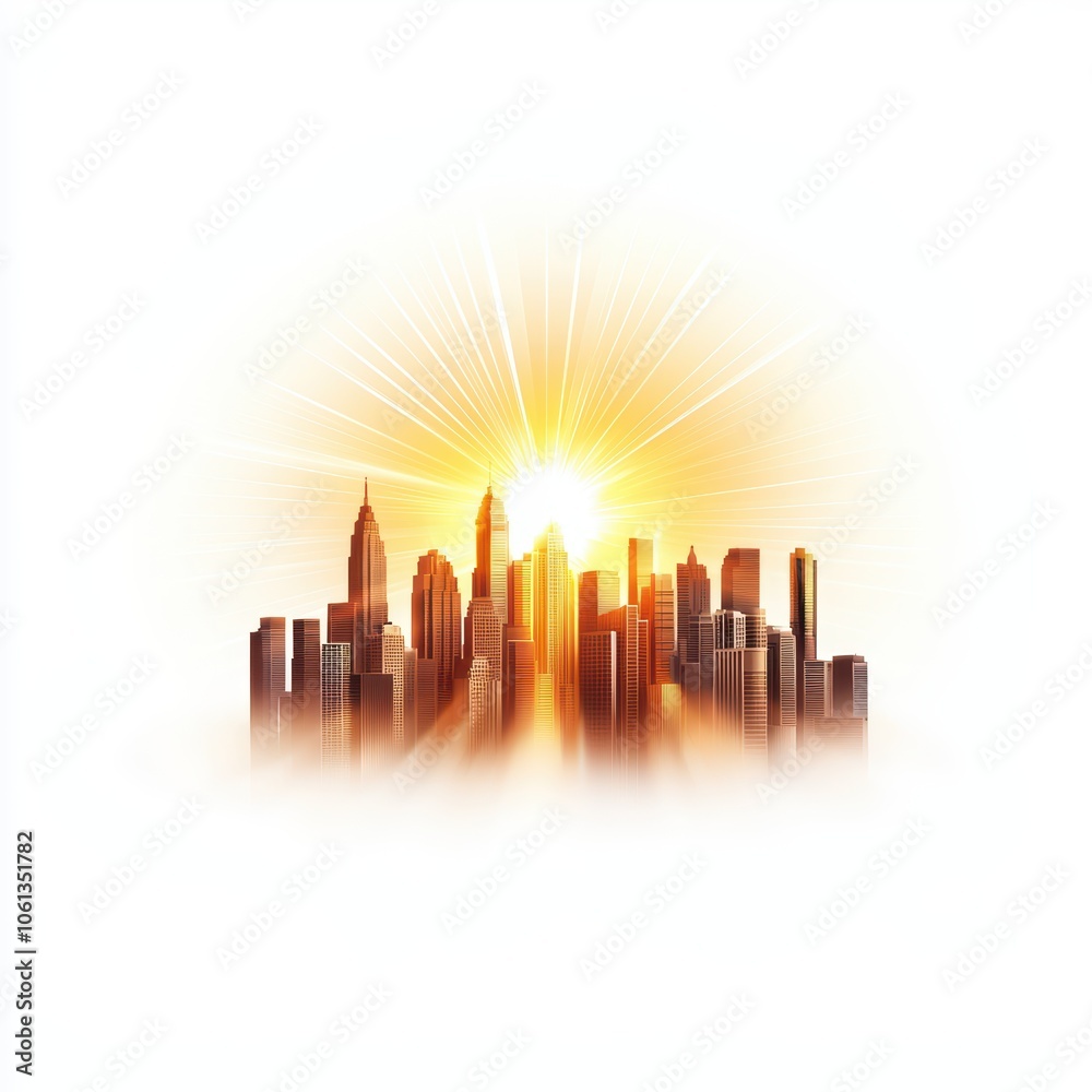Silhouette of a city skyline at sunset with beams of light shining through the buildings. Silhouette of a city skyline at sunset with beams of light shining through the buildings.