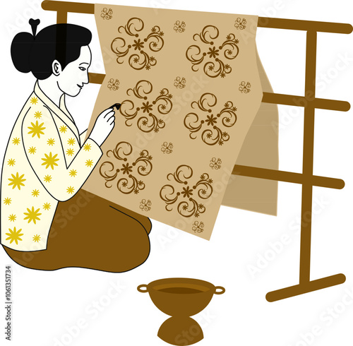 Batik painting design. Vector of woman making batik. Batik is a traditional art painting from Indonesia painted on cloth
