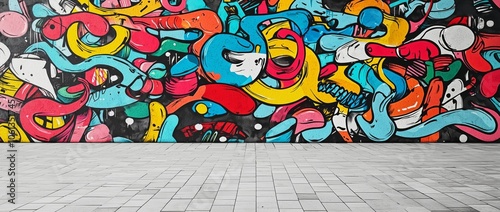 A colorful mural with a lot of different shapes and colors