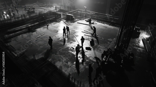 Wallpaper Mural Silhouettes of Construction Workers with Concrete Pouring, Black-and-White Industrial Photography Torontodigital.ca