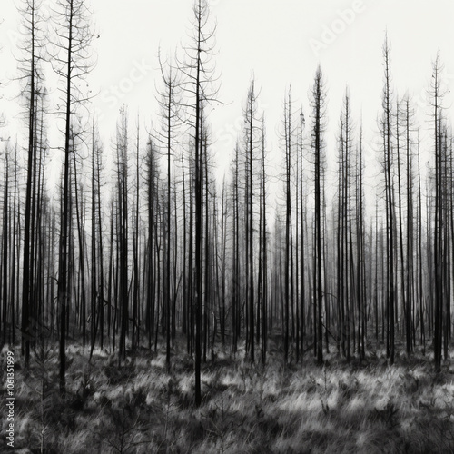 Black white burned forest aftermath stark, bare trees eerie silent landscape,fire ravaged wilderness resilience,haunting environmental impact visual,empty,dead,lifeless,fine,art,ash,dark,wall,trunk