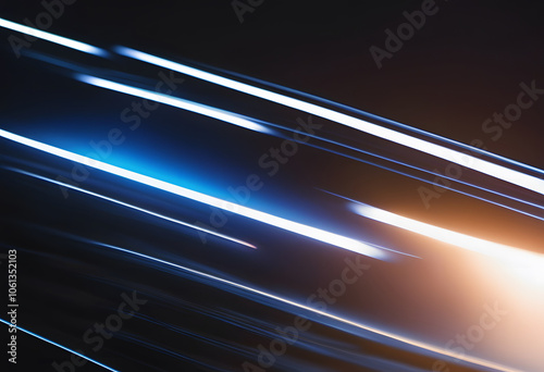 Abstract image of blue and orange light beams converging on a dark background.