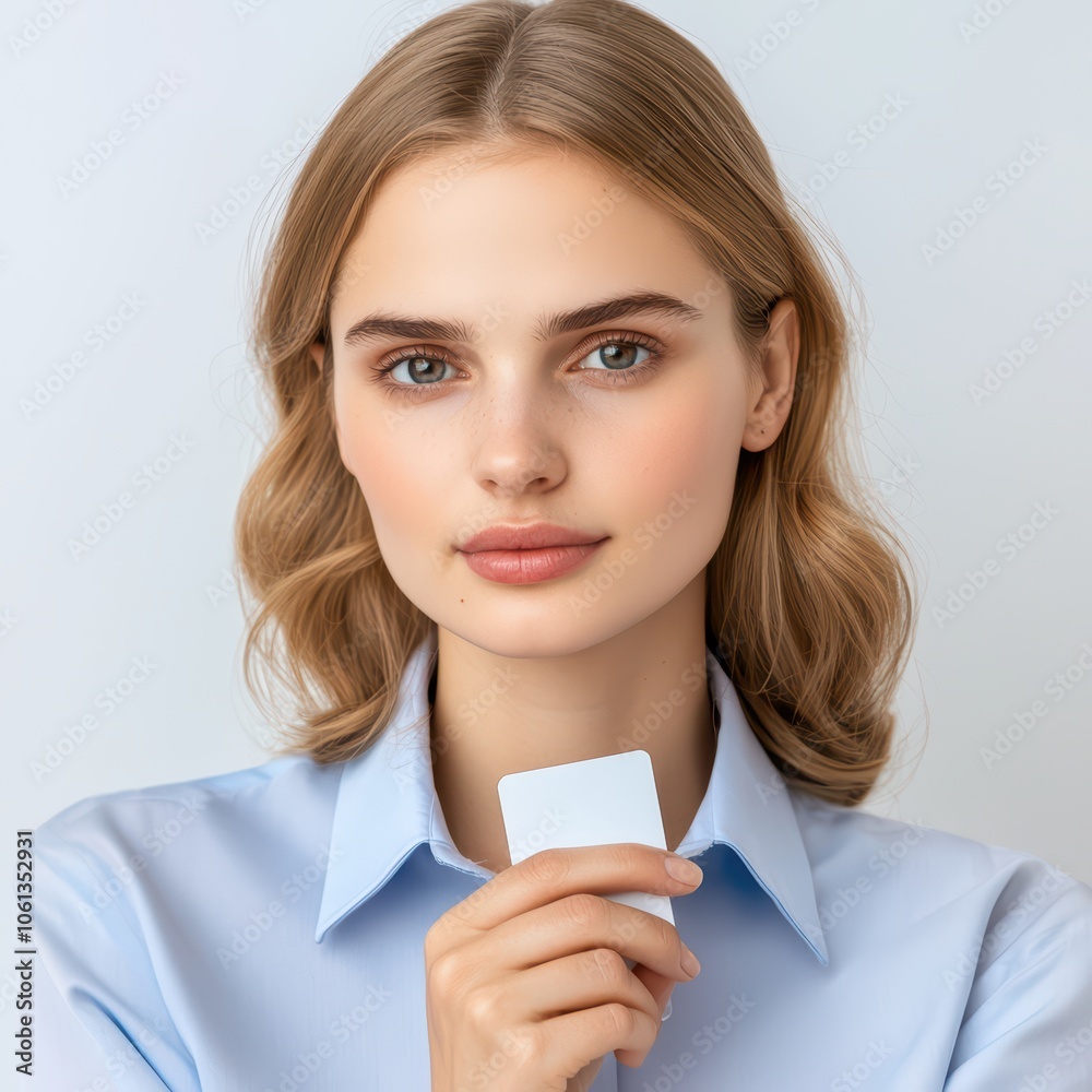 Young woman holding a blank card, posing softly against a light background, looking directly at the camera. Young woman holding a blank card, posing softly against a light background, looking directly at the camera.