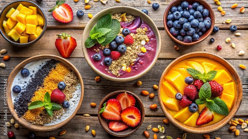 A colorful arrangement of smoothie bowls featuring a mix of fresh fruit and toppings, showcasing the vibrant flavors of a healthy breakfast A colorful arrangement of smoothie bowls featuring a mix of fresh fruit and toppings, showcasing the vibrant flavors of a healthy breakfast