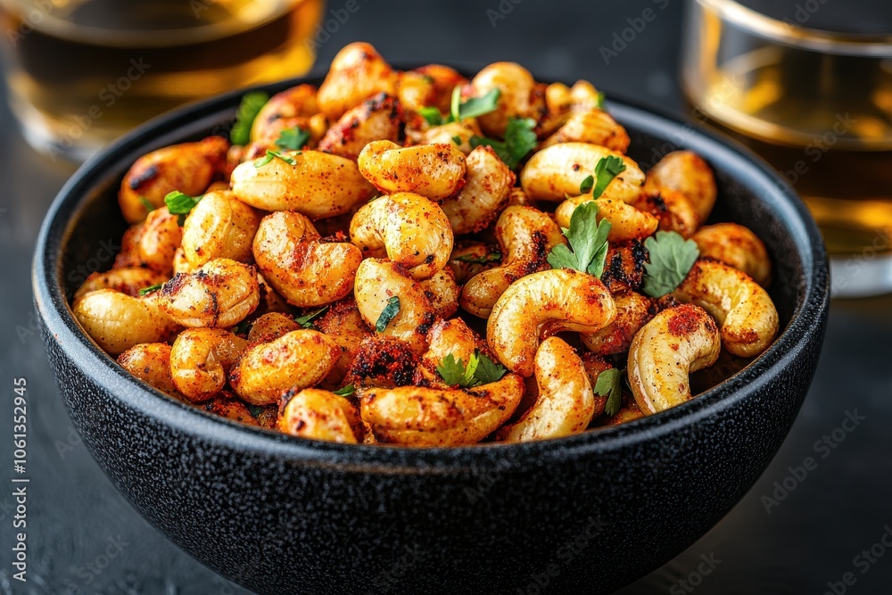 Spiced Cashew Nuts with Coriander, Paprika, and Gherkins in Black Bowl, Whiskey Glass in Background Spiced Cashew Nuts with Coriander, Paprika, and Gherkins in Black Bowl, Whiskey Glass in Background